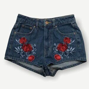 HM Coachella Booty Jean Shorts Women Size 4 Flower Embroidery High Rise Retro